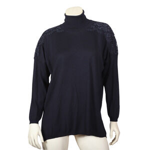 Valentino Navy Blue Wool/Silk/Cashmere Turtleneck w/ Lace Applique Sweater L